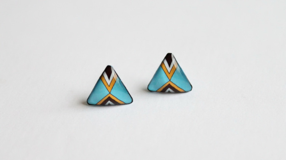 Blue triangular stud earrings