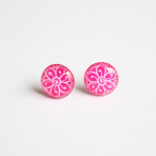 Girly neon pink flower studs