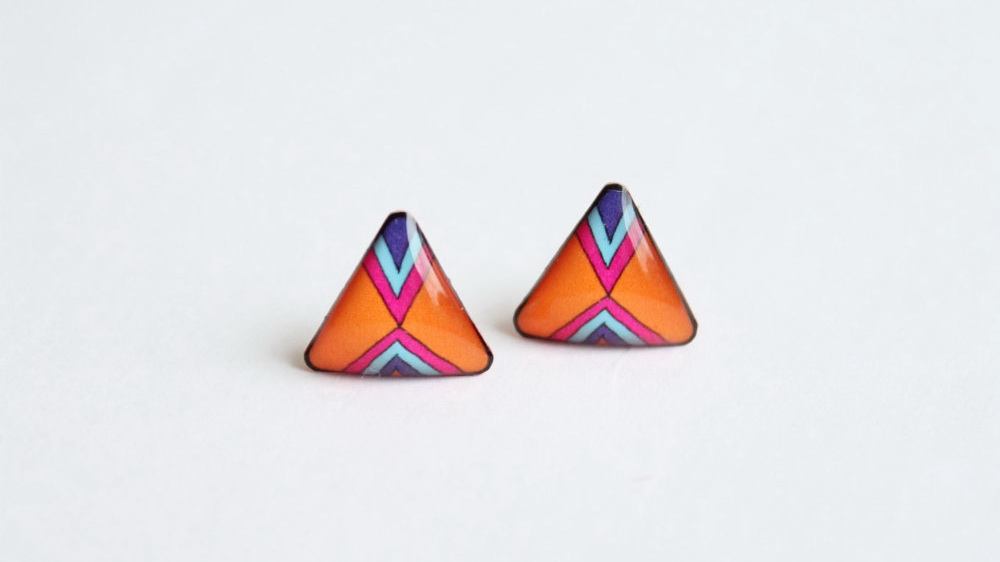 Orange triangle post earrings with colorful stripes - Bright and full of joy