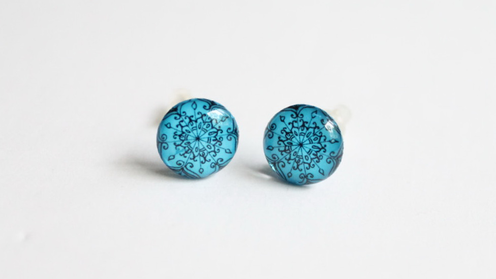 Mandala / henna style bright blue stud earrings